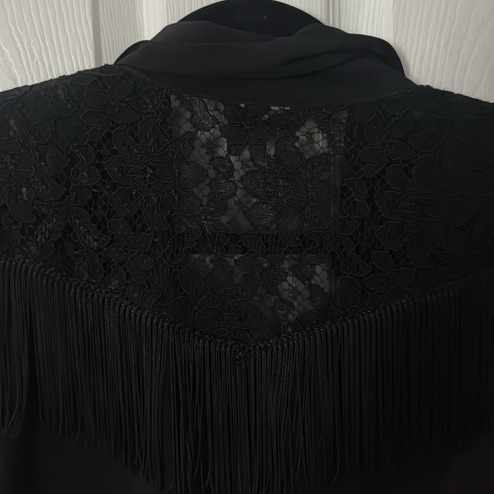VINTAGE 80s SAM. Black Sheer Button-Down Shirt crop with tassels and lace small - Picture 8 of 8